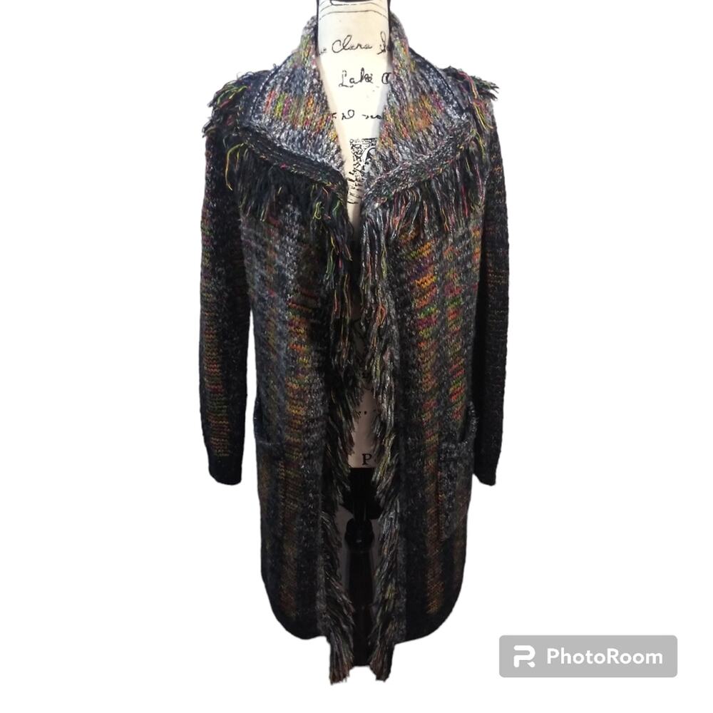 Funsport Multicolor Space Dye Sweater Cardigan Fringe Artsy Size M